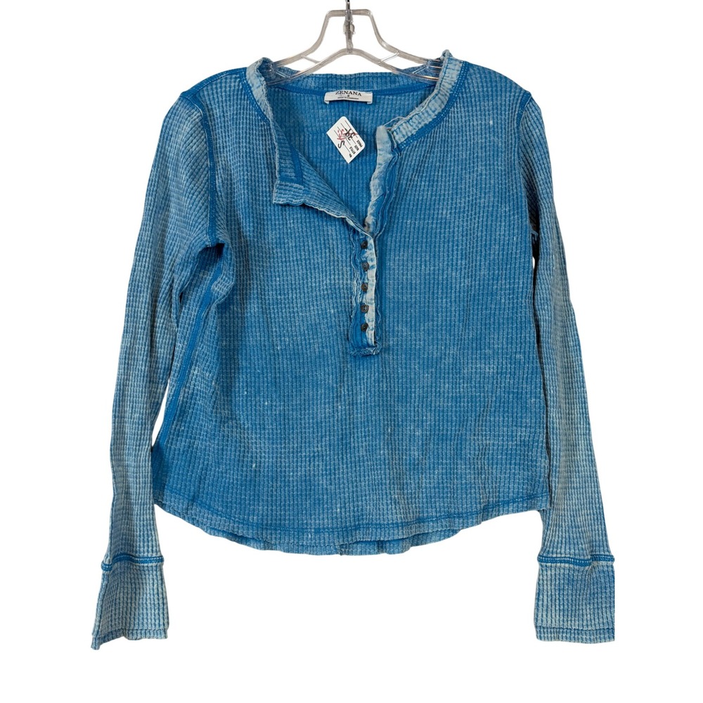 Zenana Blue Mineral Wash Waffle Knit Henley Thermal Top Women •S• Grunge Boho